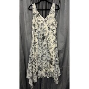 VTG biyaycda Shark Bite Hem Midi Dress Womens 16 White Black Floral Flowy Y2K